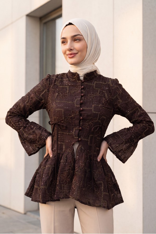 Mandarin Collar, Button-Front, Lined, Ruffled Polyviscose Tunic -Dark purple
