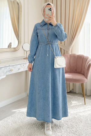 Beli Tünel Bağcıklı Yarım Fermuarlı Kolu Lastikli Kot Elbise -Buz Mavi