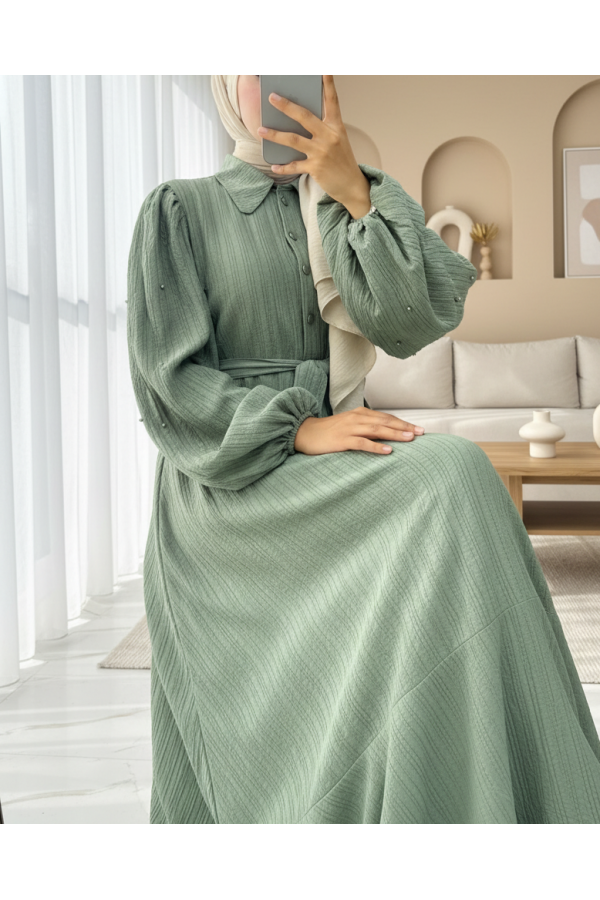 Pearl Detailed Balloon Sleeve Skirt Flounce Half Button Dress -Cagla Green