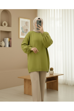 سترة محبوكة مفصلة برقبة  مستديرة    -زيت أخضر