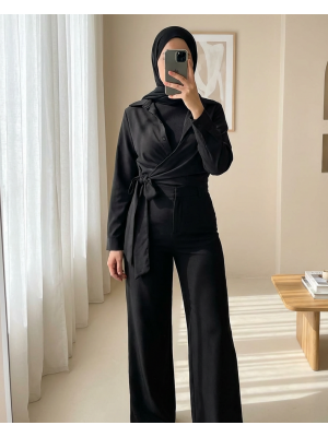 Kadın Bağlamalı Uzun Kol Gömlek 20325 - Siyah