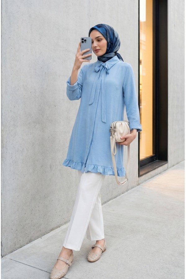 Modal Tunic with Ruffled Hem, Drawstring Waist and Hidden Buttons  -Baby Blue