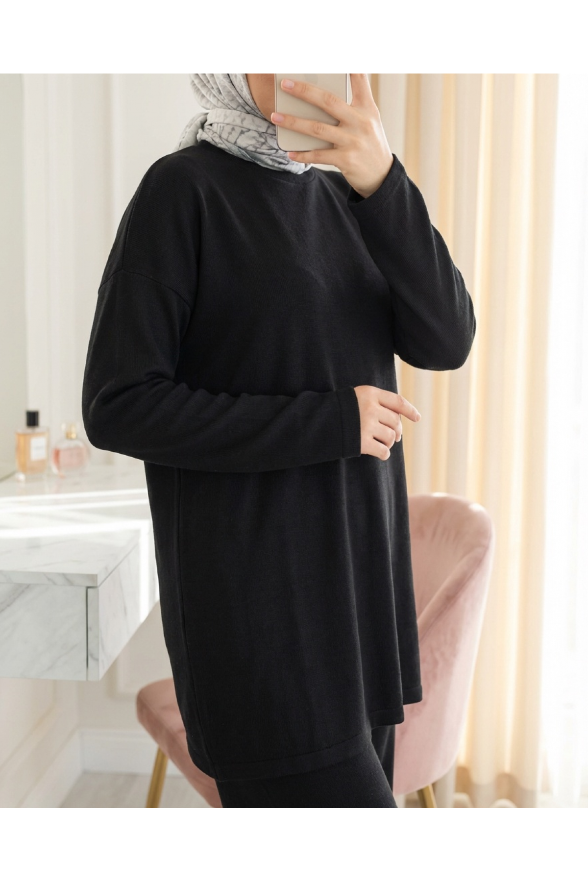 Crew Neck Short Tunic and Pants Simple Two-Piece Hijab Tracksuit Set