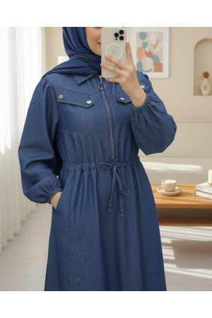فستان جينز بجيوب نصف سحاب مع رباط نفقي -اللون النيلي