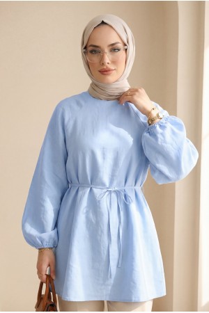 Yuvarlak Yaka Beli Bağcıklı Balon Kol Tunik  -Bebe Mavi
