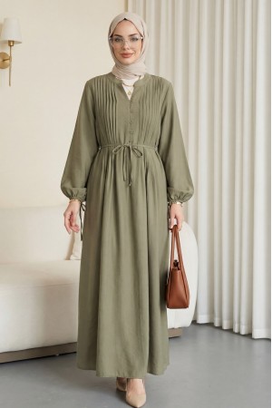 Yarım Düğmeli Nervürlü Bağcıklı Tensel Elbise -Haki