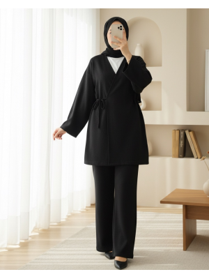 Çapraz Bağlamalı Selanik Kimono Takım -Siyah