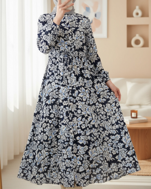 2144 Hakim Yaka Tesettür Elbise - Lacivert