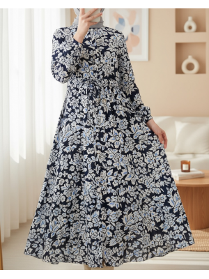 2144 Hakim Yaka Tesettür Elbise - Lacivert