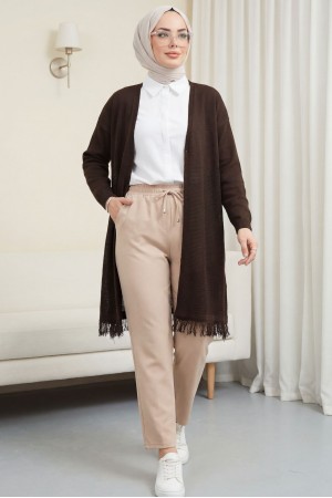 Eteği Püsküllü Fileli Hırka  -K. Kahve