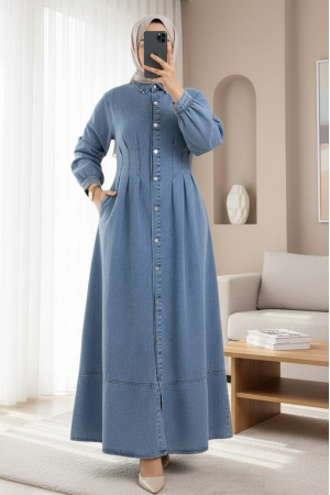 Pile Detaylı Boydan Düğmeli Cepli Kot Elbise -Buz Mavi