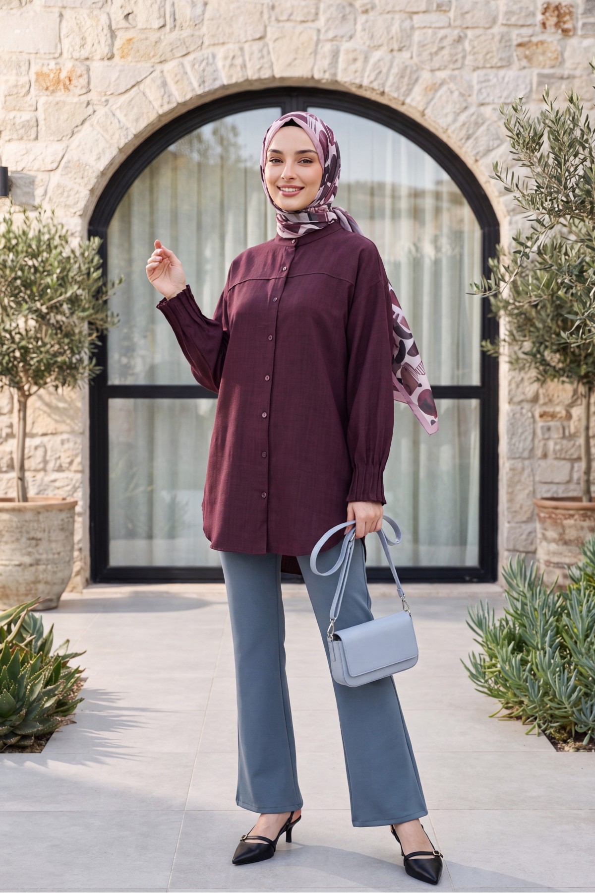 Sleeve Cuff Draped Oval Cut Shirt    -Damson
