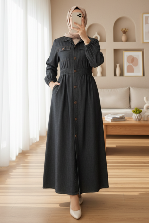 Denim Dress with Elastic Sleeves and Buttons on the Neck and Double Pockets -Anthracite