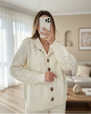 Pompom Shawl Collar Knitwear Cardigan -Ecru