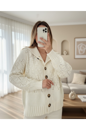 سترة تريكو بياقة شال بوم بوم -أبيض سكري