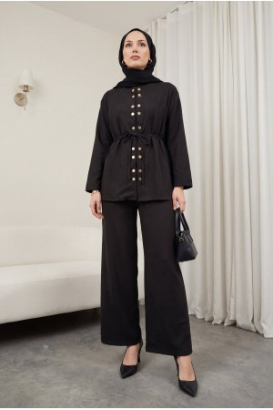 Çift Çıtçıt Detaylı Yuvarlak Yaka Bol Paça Pantolonlu Modal Takım -Siyah