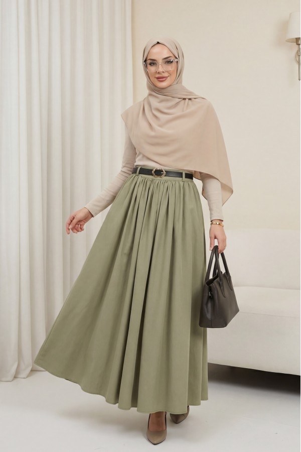 Twill Skirt with Buckle Belt, Pleated Side Pockets and Zipper -Khaki