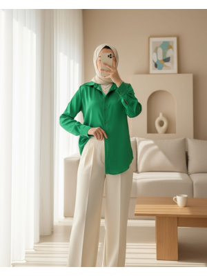 3964 Hafif Dökümlü Saten Gömlek - Yeşil