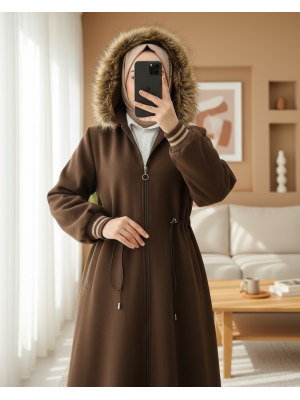 Kapşonlu Beli Lastikli Cepli Kaşe Kaban -Kahve