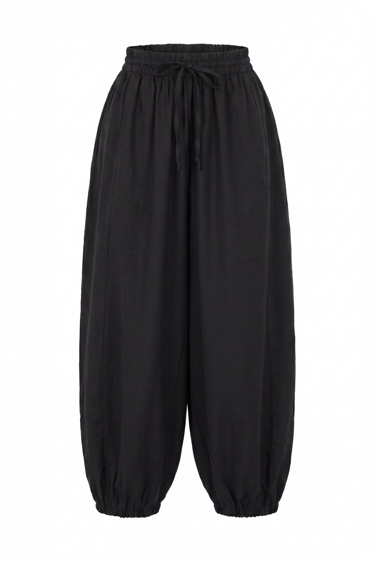 Modal trousers with elasticated waistband, pockets, and drawstring. -Black