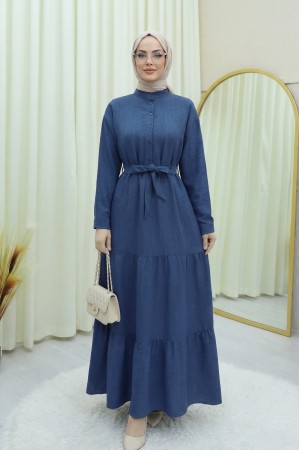 Yarım Düğmeli Dik Yaka Beli Bağlamalı Keten Elbise -İndigo