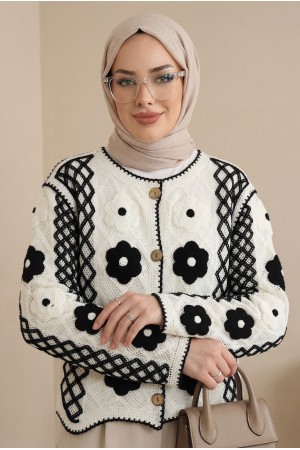 كارديجان محبوك مفتوح من الأمام بنقشة زهور الأقحوان وأزرار أمامية -أبيض سكري