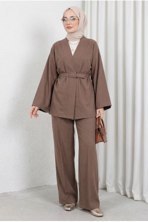 Kimono Set with Belt and Trousers  -Brown