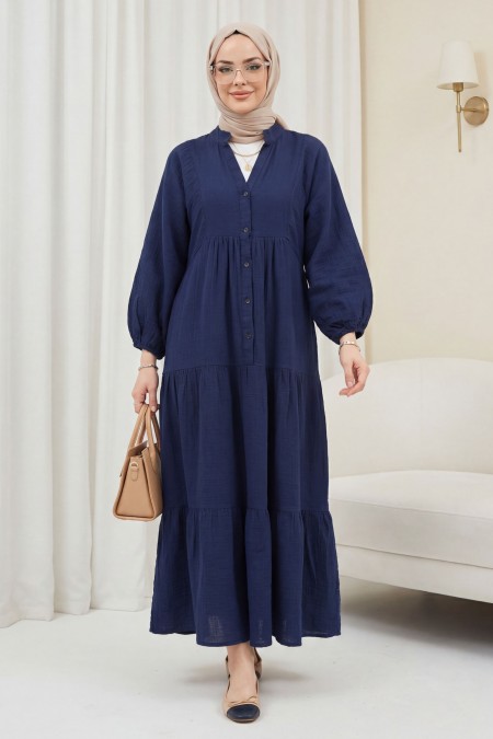 V Yaka Yarım Düğmeli Kolu Lastikli Parçalı Müslin Elbise -Laci