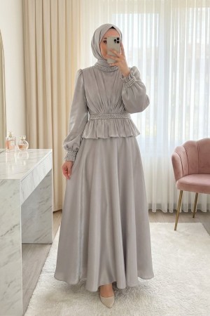 Beli Volan Detaylı Taşlı Janjan Saten Abiye -Taş