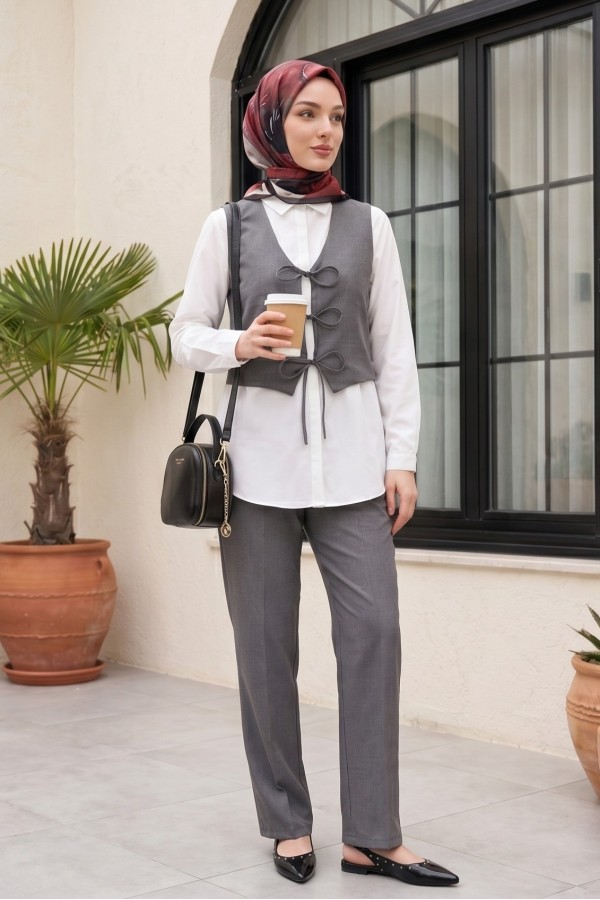 Front Tie Vest Trousers Two Piece Set -Anthracite