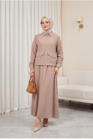 Fermuarlı Ceketli Beli Lastikli Etekli Keten Takım  -Vizon