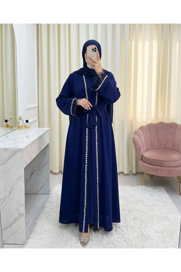 Abaya with Feathered Sleeves and Row of Stone Details, and Belt -Saxe 