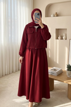 Önü Fermuarlı Beli Ve Kolu Lastikli Cep Detaylı Dabıl İkili Takım -Bordo