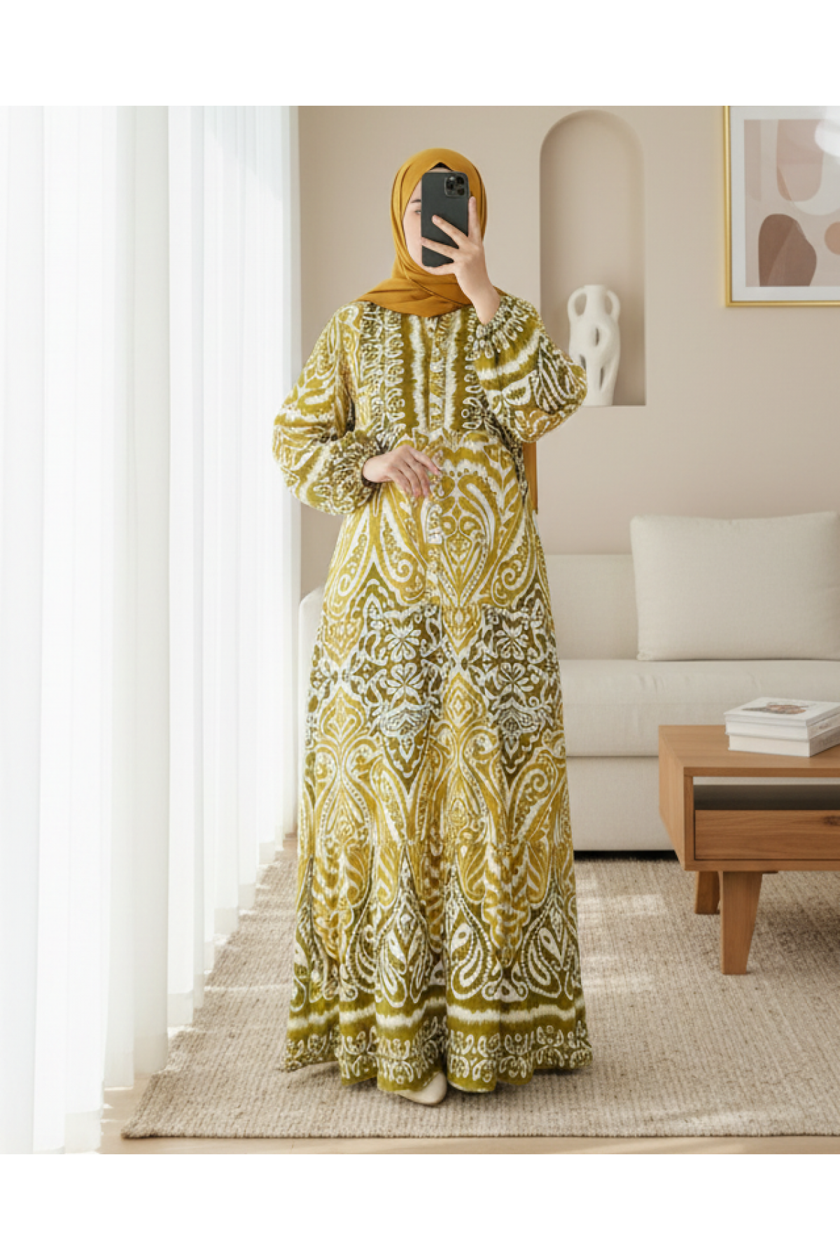 Half Buttoned Stand Collar Piece Dress -Mustard