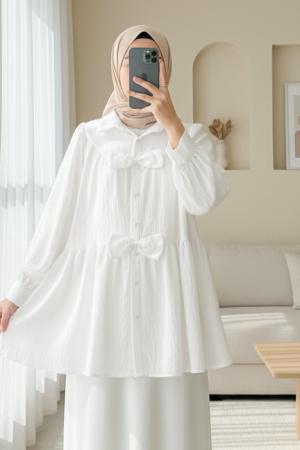 Önü Fiyonk Detaylı Parçalı Gömlek -Beyaz