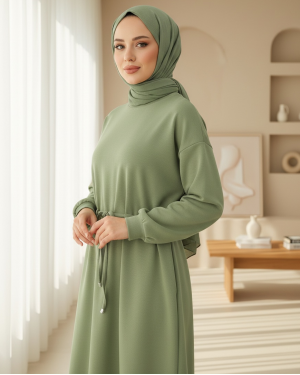 Round Neck Belted Long Cotton Dress -Cagla Green