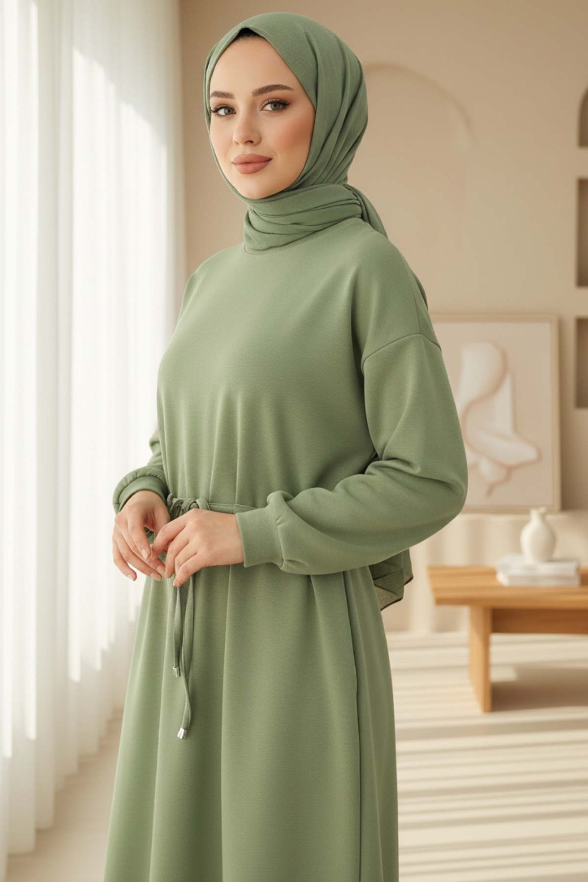 Round Neck Belted Long Cotton Dress -Cagla Green