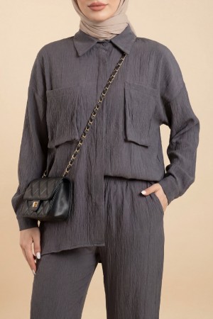 بدلة كتان مزدوجة مع جيب منفاخ -أنثراسايت