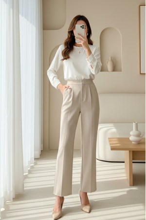 Beli Cırtcırt Detay Boru Paça Kumaş Pantalon  -Bej