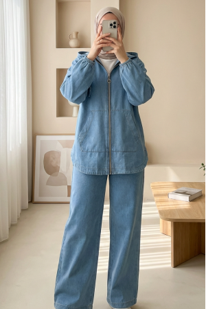 Kapşonlu Önü Fermuarlı Kolu Lastikli Cepli Kot Takım -Açık Mavi