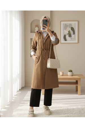 Astarı Çizgili Trençkot       -Toprak