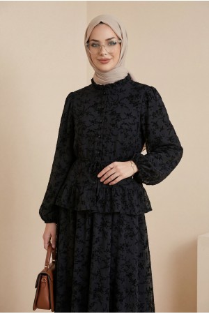 Yakası Fırfırlı Flok Baskı Astarlı Etekli Takım -Siyah