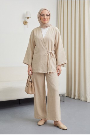 Önden Bağlamalı Pantolonlu Kimono Takım -Bej