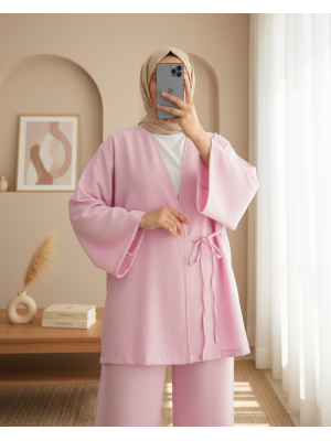 Önden Bağlamalı Pantolonlu Kimono Takım         -Pembe