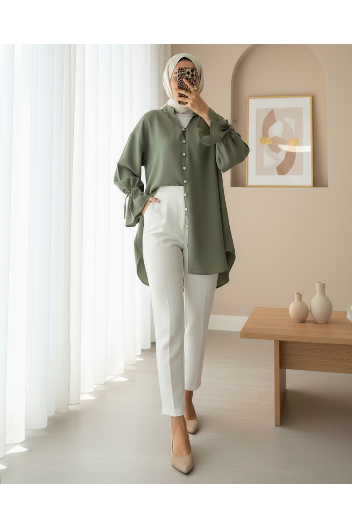 Long Sleeve Laced Back Buttoned Shirt -Khaki