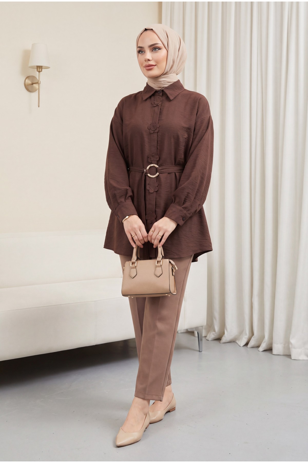 Modal Tunic with Floral Detail and Buckle Belt -Dark Coffee detay görseli