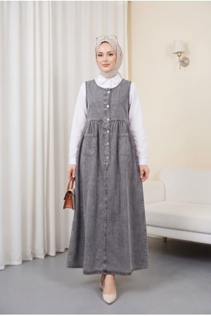 سترة جينز بأكمام صفرية وجيب مزدوج وأزرار نصفية -لون مدخن