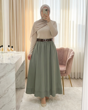 Etek Ucu Dikiş Detaylı Beli Lastikli Astarlı İthal Soft Gabardin Etek -Çağla Y.