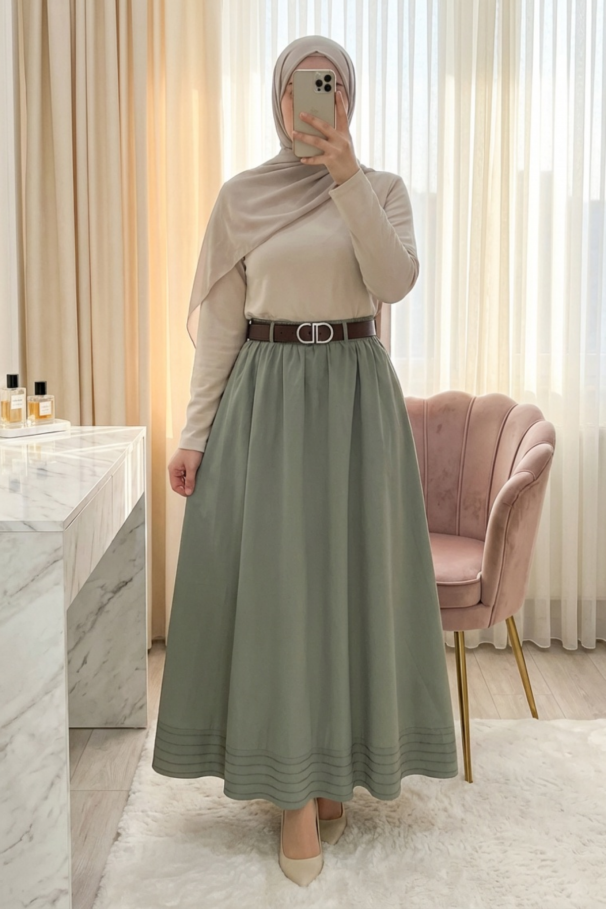 Imported soft gabardine skirt with hem stitching detail, elasticated waist, and lining. -Cagla Green