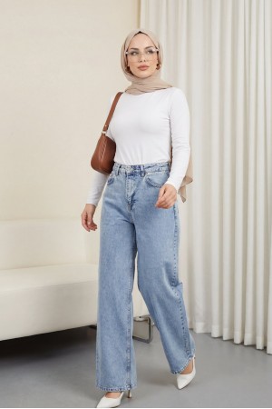 Cepli Bol Paça Fermuarlı Kot Pantolon -Buz Mavi